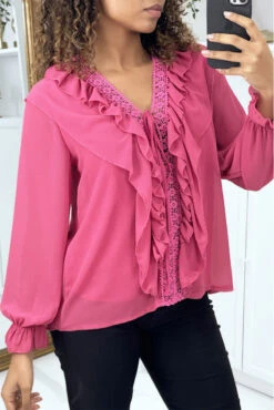 Blouse à Volants Et Broderie Rose Fushia
