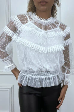 Blouse Blanche à Tulle Plumetis Et Dentelle En Volants, à Collerette
