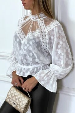 Blouse Blanche En Dentelle à Col Haut Avec élastique à La Taille Et Manches -Default Template 5 blouse blanche en dentelle a col haut avec elastique a la taille et manches 3