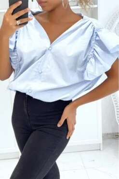 Blouse Chemise Bleu Boutonnés à L'avant Avec Volant Aux Manches Et Fronce Aux épaules