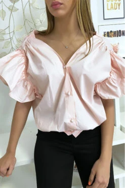 Blouse Chemise Rose Boutonnés à L'avant Avec Volant Aux Manches Et Fronce Aux épaules -Default Template 5 blouse chemise rose boutonnes a l avant avec volant aux manches et fronce aux epaules 1