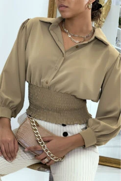 Blouse Courte Taupe à Boutons
