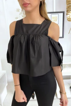 Blouse Crop Top Noir Avec Noeuds