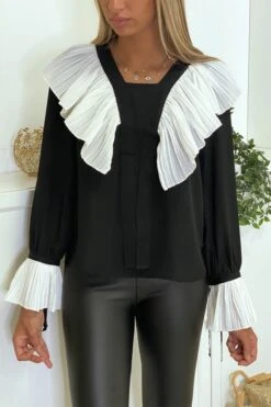 Blouse En Crêpe Noir Avec Volant Plissé En Blanc -Default Template 5 blouse en crepe noir avec volant plisse en blanc 6