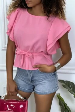 Blouse Fuchsia à Volant Et Ceinture