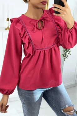 Blouse Fuchsia Col Rond à Volants