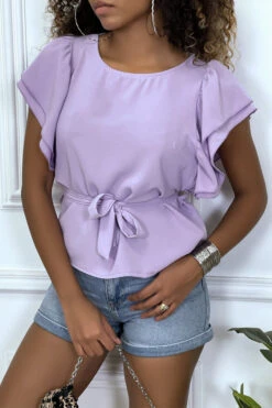 Blouse Lila à Volant Et Ceinture