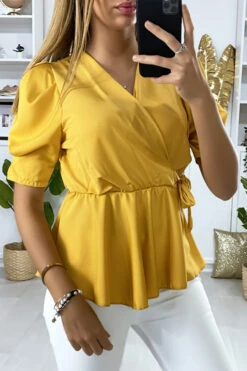 Blouse Moutarde Satiné Croisé Avec Noeud -Default Template 5 blouse moutarde satine croise avec noeud 1