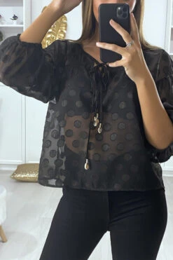 Blouse Noir Avec Lacet Devant Et Motif Brillant -Default Template 5 blouse noir avec lacet devant et motif brillant 3