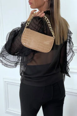 Blouse Noir En Tulle Avec Broderie Et Volant