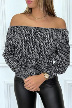 Blouse Noire à Motif Beige à Col Bardot Et Froncé -Default Template 5 blouse noire a motif beige a col bardot et fronce 1