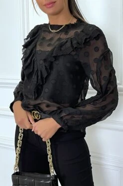 Blouse Noire à Volant Et Pois Col Claudine