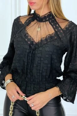 Blouse Noire En Dentelle à Col Haut Avec élastique à La Taille Et Manches