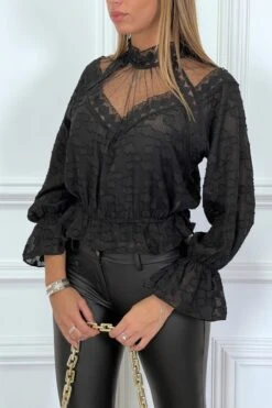 Blouse Noire En Dentelle à Col Haut Avec élastique à La Taille Et Manches -Default Template 5 blouse noire en dentelle a col haut avec elastique a la taille et manches 4