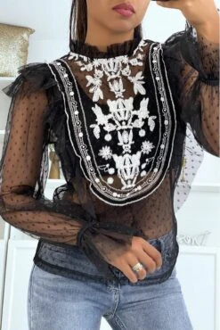 Blouse Noire En Tulle Avec Volant Et Broderie -Default Template 5 blouse noire en tulle avec volant et broderie 4