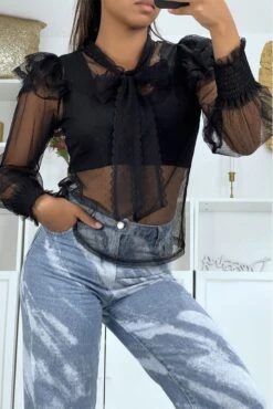 Blouse Noire En Tulle Transparente, Motif Plumetis