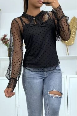 Blouse Noire Plumetis à Col Claudine Et Noeud