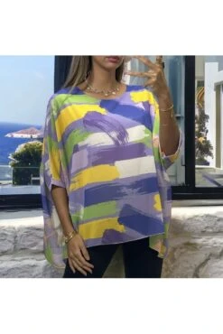 Blouse Over Size Motif Beige Lilas Doublé -Default Template 5 blouse over size motif beige lilas double 2