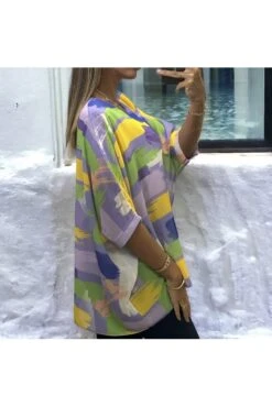Blouse Over Size Motif Beige Lilas Doublé