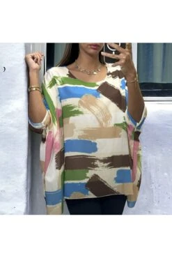 Blouse Over Size Motif Beige Marron Doublé -Default Template 5 blouse over size motif beige marron double 1