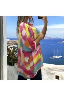 Blouse Over Size Motif Fuchsia Doublé