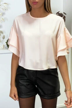 Blouse Rose En Crêpe Avec Volants Aux Manches