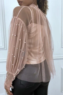 Blouse Rose En Tulle Transparent Perlé à Col Haut -Default Template 5 blouse rose en tulle transparent perle a col haut 1
