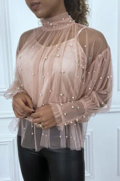 Blouse Rose En Tulle Transparent Perlé à Col Haut -Default Template 5 blouse rose en tulle transparent perle a col haut 2