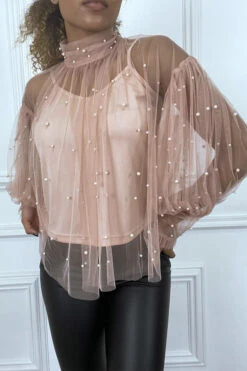 Blouse Rose En Tulle Transparent Perlé à Col Haut -Default Template 5 blouse rose en tulle transparent perle a col haut 3