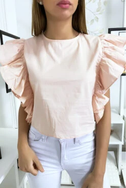 Blouse Rose Très Chic Avec Volant Aux Manches