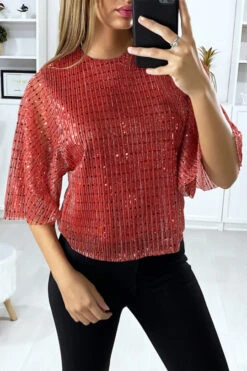 Blouse Rouge Pailleté Manche Volante