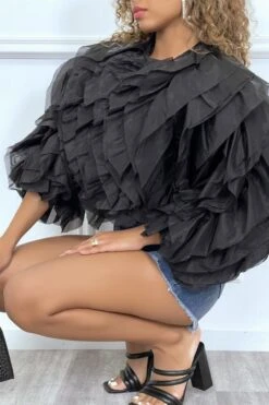 Blouse Transparente Noire à Manches Longues, Avec Volants En Tulle -Default Template 5 blouse transparente noire a manches longues avec volants en tulle 3