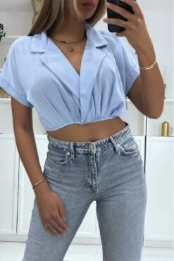 Blouse Turquoise Cache Coeur Crop Top à Col à Revers Et Col V Plongeant -Default Template 5 blouse turquoise cache coeur crop top a col a revers et col v plongeant 2