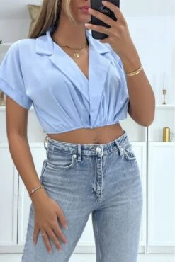 Blouse Turquoise Cache Coeur Crop Top à Col à Revers Et Col V Plongeant
