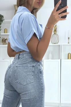 Blouse Turquoise Cache Coeur Crop Top à Col à Revers Et Col V Plongeant -Default Template 5 blouse turquoise cache coeur crop top a col a revers et col v plongeant 3