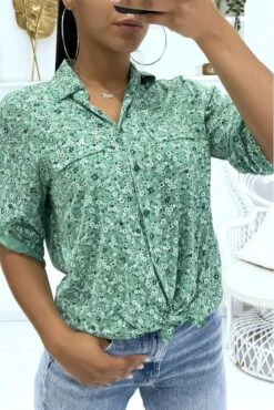 Chemise Fluide Verte Fleurie à Col à Revers Et à Manches Mi-longues Et Fausses Poches à La Poitrine