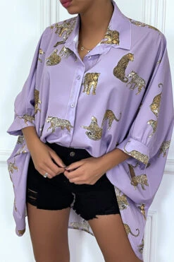 Chemise Lila Longue à L'arrière, Imprimés Léopard Avec Manches Amples -Default Template 5 chemise lila longue a l arriere imprimes leopard avec manches amples 2