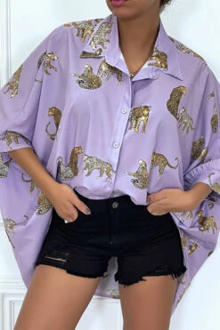Chemise Lila Longue à L'arrière, Imprimés Léopard Avec Manches Amples -Default Template 5 chemise lila longue a l arriere imprimes leopard avec manches amples 3