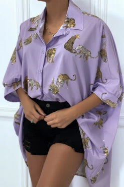 Chemise Lila Longue à L'arrière, Imprimés Léopard Avec Manches Amples -Default Template 5 chemise lila longue a l arriere imprimes leopard avec manches amples 5