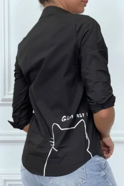 Chemise Noire Cintrée Avec Illustration Chat