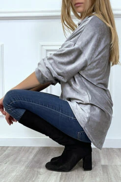 Chemise Over Size En Velours Gris Avec Poches -Default Template 5 chemise over size en velours gris avec poches 3