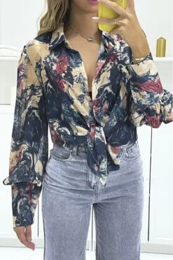 Chemisier Bleu En Voilage Avec Imprimé Abstrait Avec Nœud
