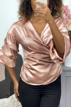 Chemisier En Cache Coeur Satiné Rose à Manche Bouffantes -Default Template 5 chemisier en cache coeur satine rose a manche bouffantes 1