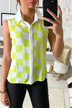 Chemisier Jaune Sans Manche à Imprimés Carreaux En Voilage. -Default Template 5 chemisier jaune sans manche a imprimes carreaux en voilage 2