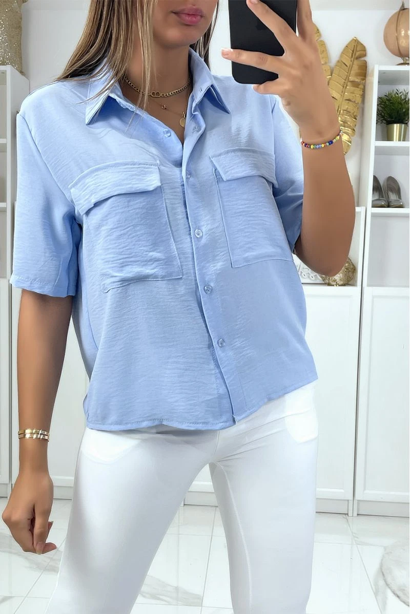 Chemisier Turquoise à Manches Mi-longues Et Poches Au Niveau De La Poitrine 4 Chemisier Turquoise à Manches Mi-longues Et Poches Au Niveau De La Poitrine – Image 2