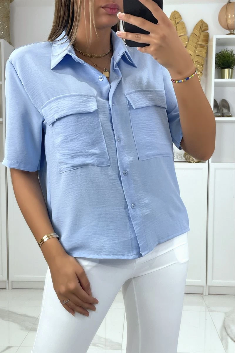 Chemisier Turquoise à Manches Mi-longues Et Poches Au Niveau De La Poitrine 5 Chemisier Turquoise à Manches Mi-longues Et Poches Au Niveau De La Poitrine – Image 3