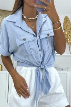 Chemisier Turquoise Court Qui Se Noue à La Taille à Manches Courtes Poches Et Magnifique Boutons Dorées -Default Template 5 chemisier turquoise court qui se noue a la taille a manches courtes poches et magnifique boutons dorees 2