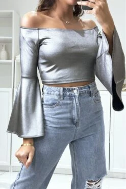 Crop Top Argenté Col Bateau Avec Manche évasé -Default Template 5 crop top argente col bateau avec manche evase 1