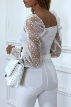 Crop Top Blanc Plissé à élastique Et Manches En Tulle Bouffantes Plumetis -Default Template 5 crop top blanc plisse a elastique et manches en tulle bouffantes plumetis 2