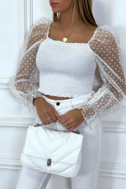 Crop Top Blanc Plissé à élastique Et Manches En Tulle Bouffantes Plumetis